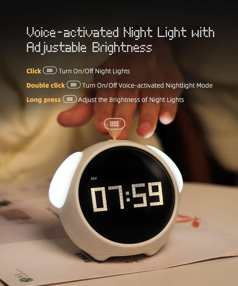 Kids Alarm Clock, Dual Alarm Setting, Adjustable Brightness Night Light, Voice-Activated,Temperature Detection, Wake-up Alarm Clock, Toy and Gift for Toddler, Children, Students, Boys&Girls Gray