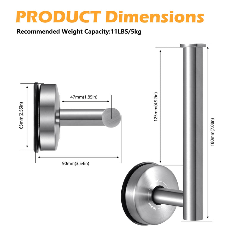 YOHOM Suction Cup Toilet Paper Holder No Drill Wall Mount Stainless Steel Tissue Roll Holder Strong Waterproof Bathroom Toilet Paper Holders,Brushed Finish, 2 PCS Silver