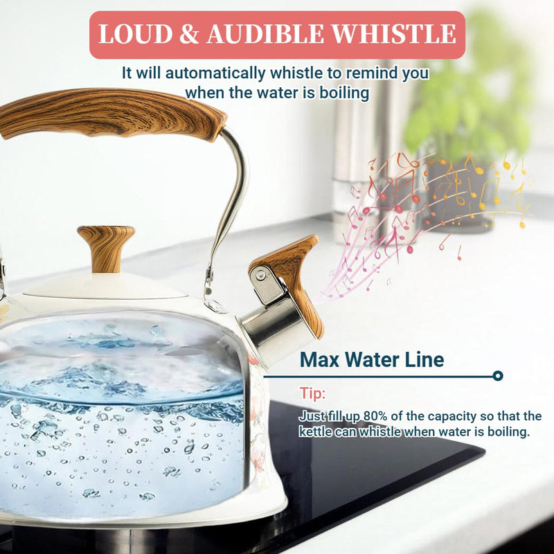 Tea Kettle for Stove Top, 2.7 Quart Whistling Kettle with Floral Pattern for Boiling Water Coffee or Milk, Stainless Steel Tea Pots with Wood Pattern Folding Handle, Work for All Stovetops White and Purple