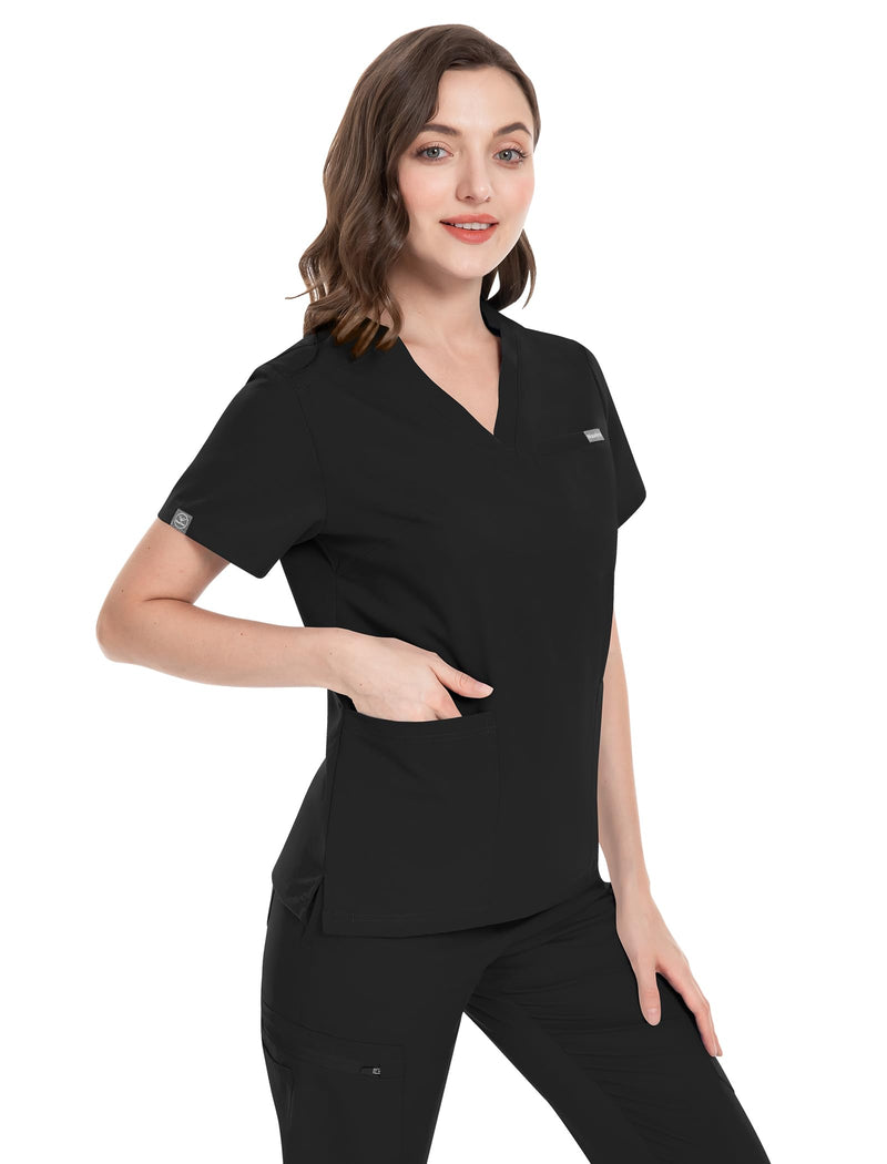 niaahinn Women's Scrub Top with Classic V-Neck & Yoga Jogger Pants Medical Nursing Uniform Set Medium Black