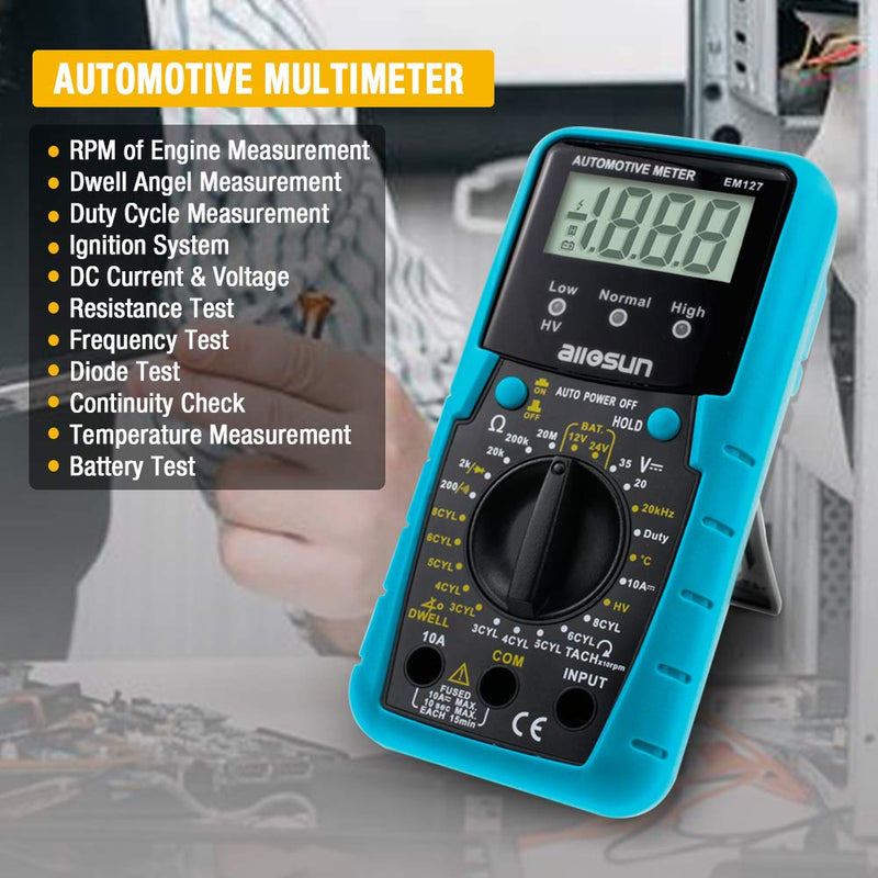 allsun Automotive Multimeter DMM DC Volt Ohm Temp Frequency Diode & Continuity Tester Automotive Diagnosis Tester Test RPM Dwell Angle