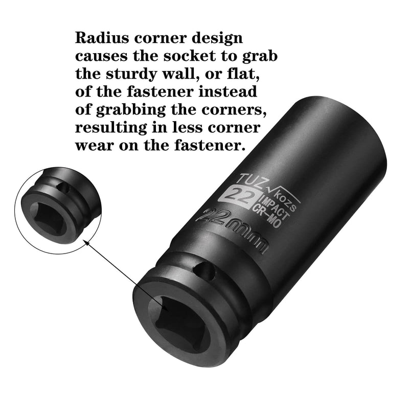 1/2-Inch Drive 22mm Deep Impact Socket with 6-Point Design, Heat-Treated Chrome Molybdenum Alloy Steel, Metric, Hex Deep Socket 1/2” Drive 22mm Deep 1/2” Drive Deep Socket