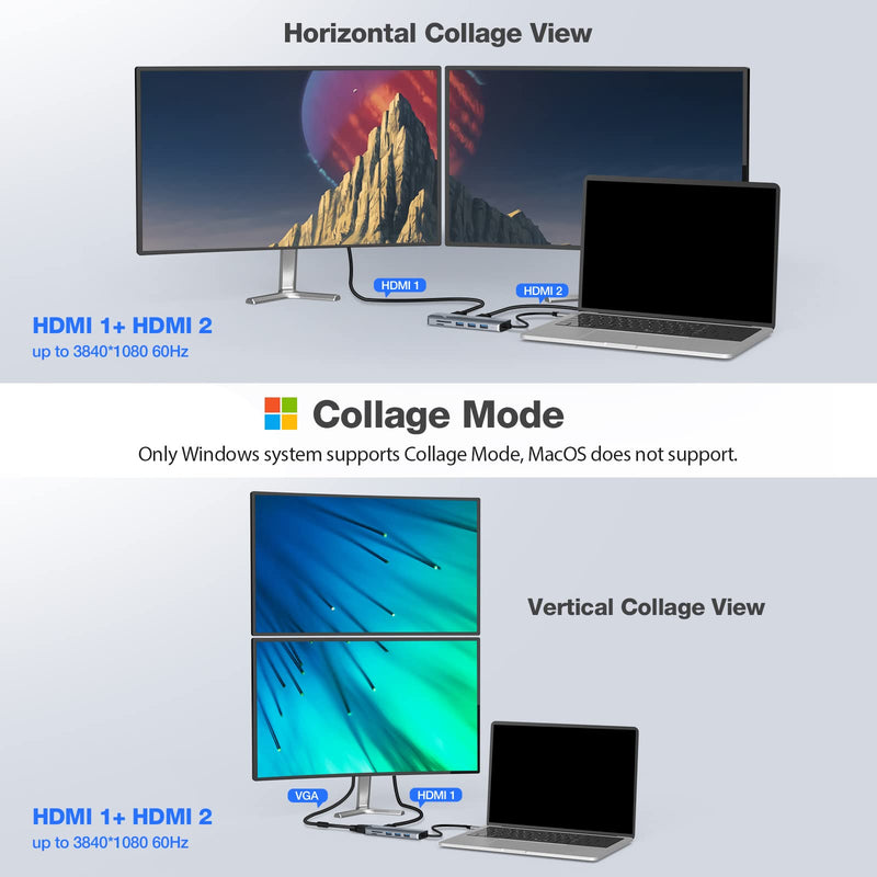 USB C Hub, 9 IIN 1 USB C Docking Station Triple Display USB 3.0 Hub with 2 HDMI,VGA,3 USB 3.0,100W PD,SD/TF Card Reader for MacBook Pro/Air, Surface Pro 7