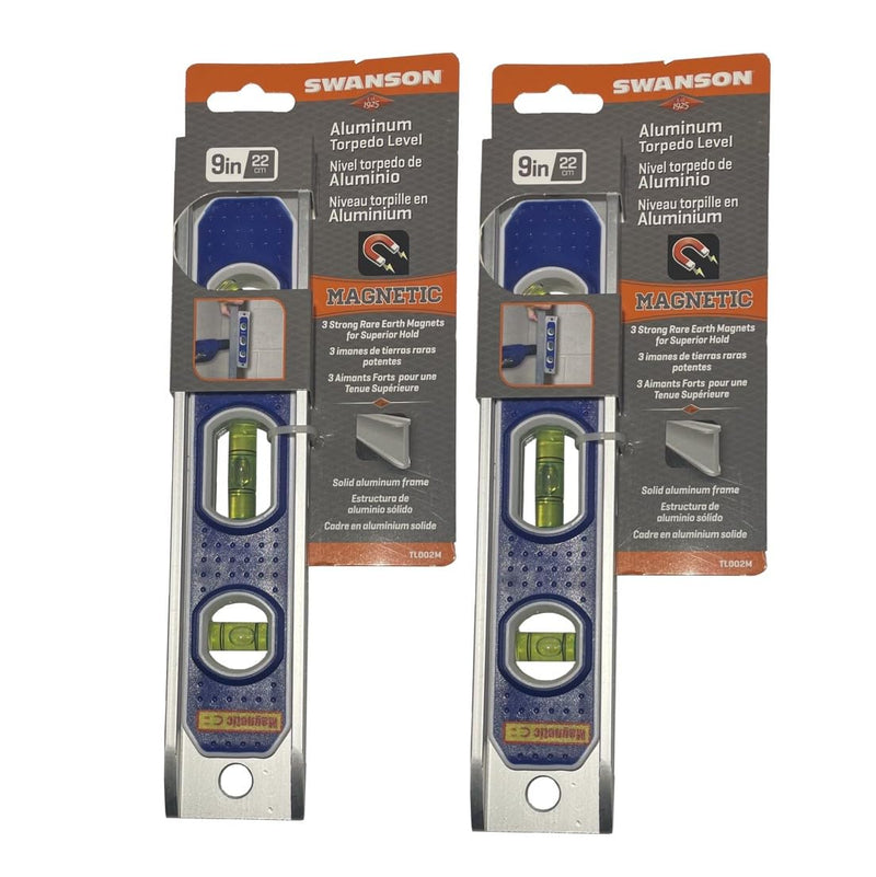 Swanson 2-pc 9" Torpedo Levels with Rare Earth Magnetics Value Pack, TL002M | Bundle of two pro-grade, durable aluminum frame torpedo level with neodymium magnets, v-groove, 3 vials and top read view