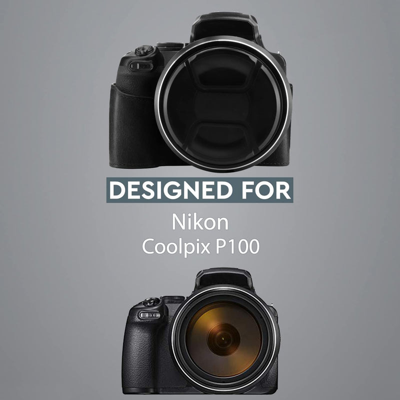 MegaGear Leather Camera Half Case & Strap Compatible with Nikon COOLPIX P1000, Ever Ready - Black