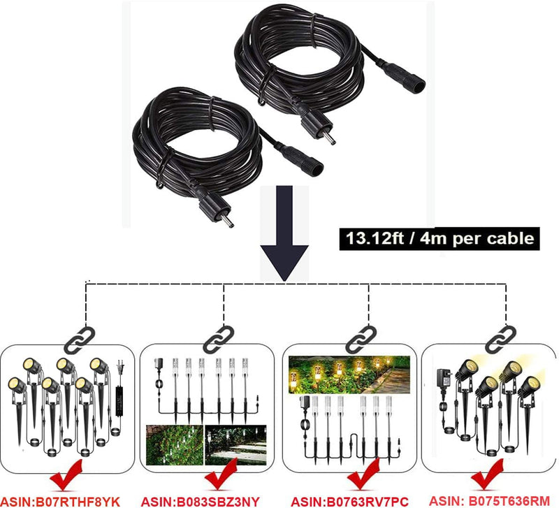 2 Pack 13.12ft/4m Extension Cord Waterproof Extension Cable Wiring for Landscape Lighting Garden Path Lights