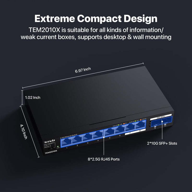 Tenda TEM2010X 8 Port 2.5G Ethernet Switch, Unmanaged 2.5Gb Switch with 8 x 2.5G Ports & 2 x 10Gb SFP+ Slots, Support VLAN & Static Link Aggregation, 80Gbps Switching Capacity, Fanless Metal Design