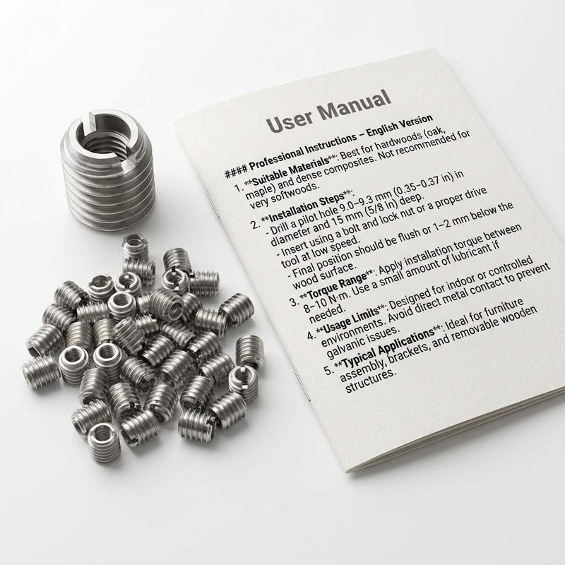 QWORK Stainless Steel Threaded Insert for Hard-Wood, 1/4-20 Internal Threads 50 Pack 5/8" Long Nut Inserts for Hardwoods, Softwoods, Plywood and Composites 1/4"-20