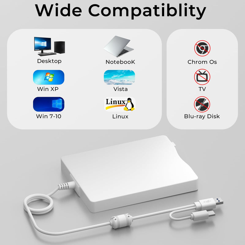 USB Floppy Drive, 3.5" External USB & Type-C Floppy Disc Reader, External Floppy Disk Drive Portable 1.44 MB Plug and Play FDD for PC Windows XP 7 8 10 11(White) 8 inch Floppy Drive-white