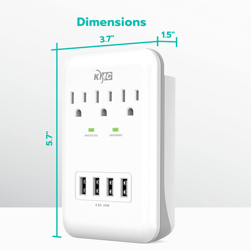 KMC 3-Outlet Wall Mount Surge Protector, 900 Joules, 4 USB 4.8 AMP USB Charging Ports, Phone Holder Cradle for Home, School or Office, ETL Certified (2 Pack) 2 PACK