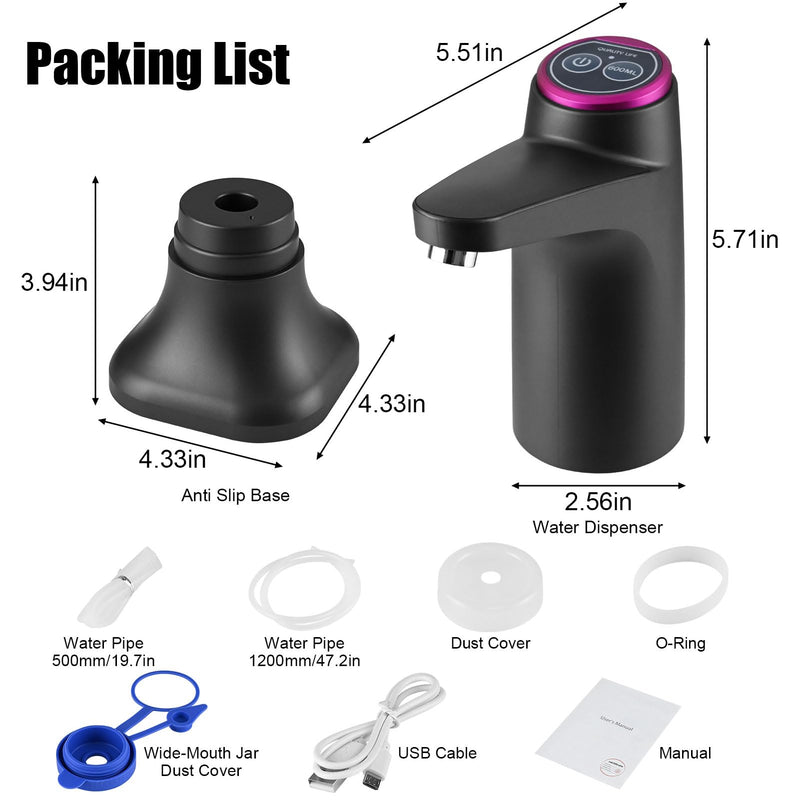 5 Gallon Water Pump with Mobile Base, USB Rechargeable Electric Water Dispenser for Bottle, Portable Automatic Pump Anti-Shake for RV Camping Home Office - Black
