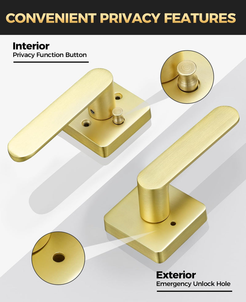 Brushed Gold Door Handles Interior for Bedroom & Bathroom, 1 Pack | Heavy Duty Zinc Alloy, Modern Thick Door Lever with Lock, Keyless Privacy, Reversible Left or Right Handed, Adjustable Latch Brushed Gold