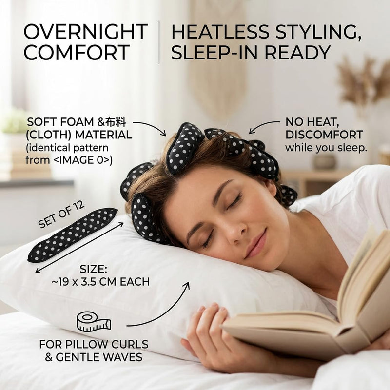 12 Pcs No Heat Hair Curlers, Heatless Curlers Lon Short Hair, Soft Sponge Rollers, Wave Hair Curlers Rollers, Sleep in Curlers with Retro Polka Dots, DIY Hair for Natural-Looking Pillow Soft Curls