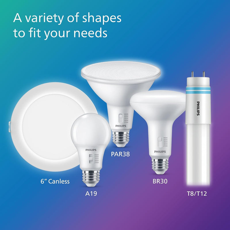 PHILIPS LED 60W A19 12-Pack Selectable White Multi-CCT 800 Lumen (8W = 60W) Dimmable Frosted Flicker-Free Light Bulbs