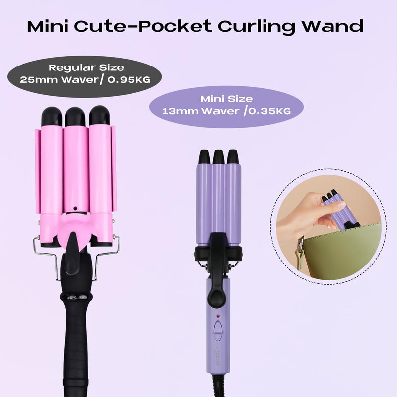 3 Barrels Mini Hair Waver for Short & Medium Hair, 13MM Curling Iron Curling Wand, 0.45lb Lightweight, Mini Size Hair Curler, Travel Friendly-Purple Mini Purple UK