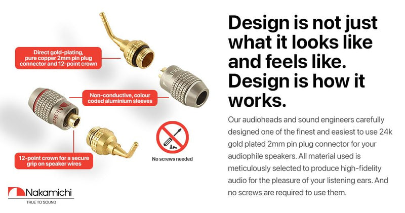 Nakamichi FanLock Excel Series 24k Gold Plated 2mm Pin Plug Banana 10 AWG - 18 AWG Gauge Size 4mm for Spring Clip Speakers Amplifier Hi-Fi Home Theatre Wire Cable Quick Connector, 10 Pcs (5-Pairs) 10 Pcs (5-Pairs)