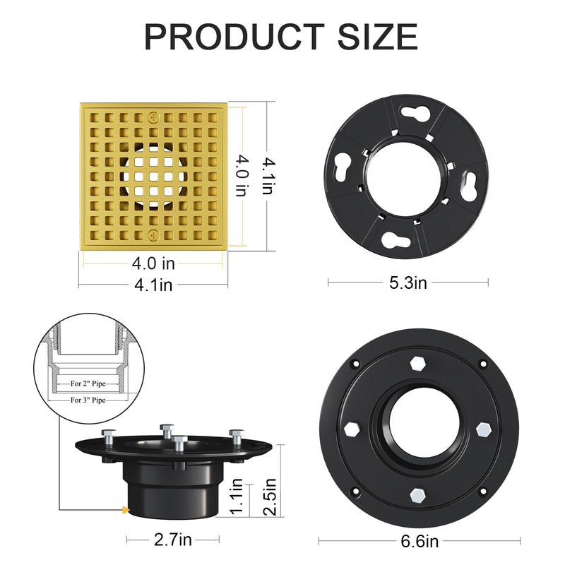 Shower Drain Hair Catcher- 4-1/4 Inch Square Shower Floor Drain Kit with ABS Flange for 2" or 3" Pipe, Drain with Hair Strainer,Removable Strainer Cover,SUS304 Stainless Steel, Brushed Gold