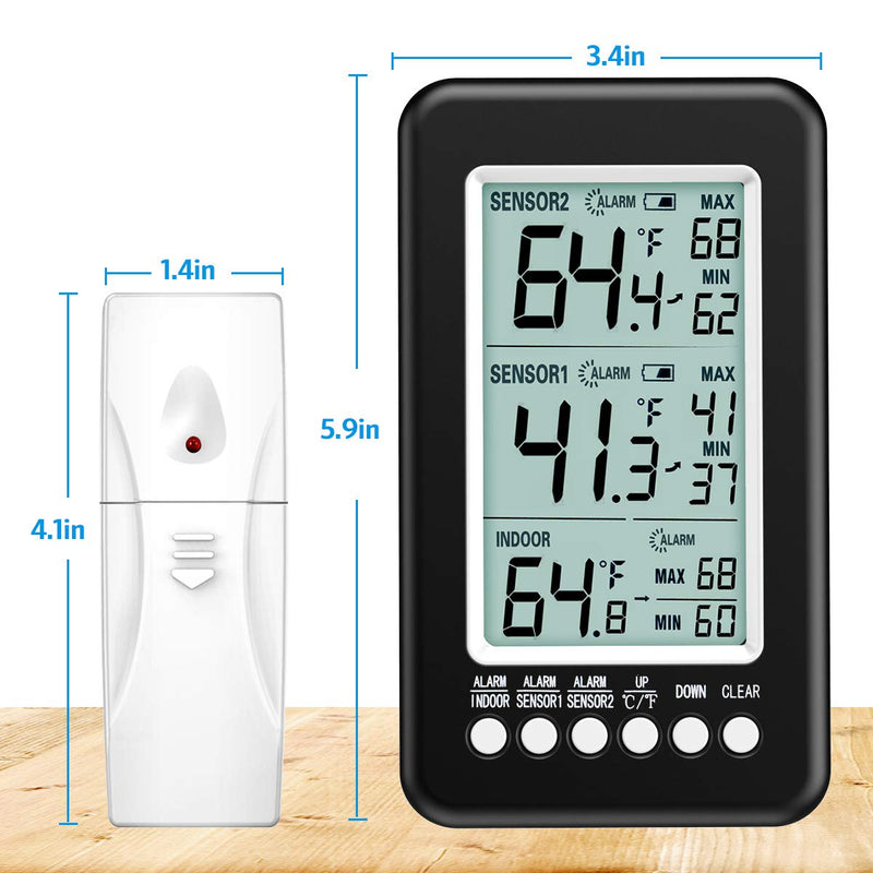 (Upgraded Version) AMIR Refrigerator Thermometer, Wireless Digital Freezer Thermometer with 2 Sensors, Indoor Outdoor Thermometer with Audible Alarm Temperature Gauge for Freezer Kitchen Home