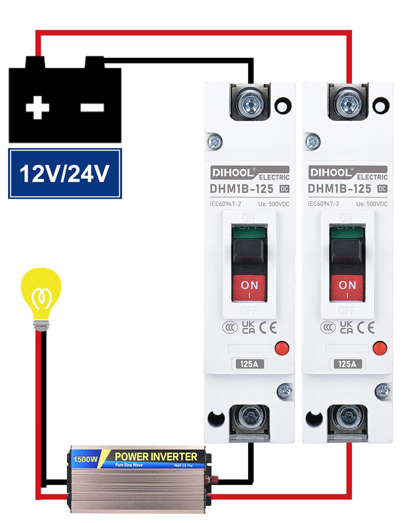 DIHOOL 125 Amp DC Breaker, Battery Disconnect Switch 500V, Thermal Magnetic Trip for Solar, Main Power, UPS 125a