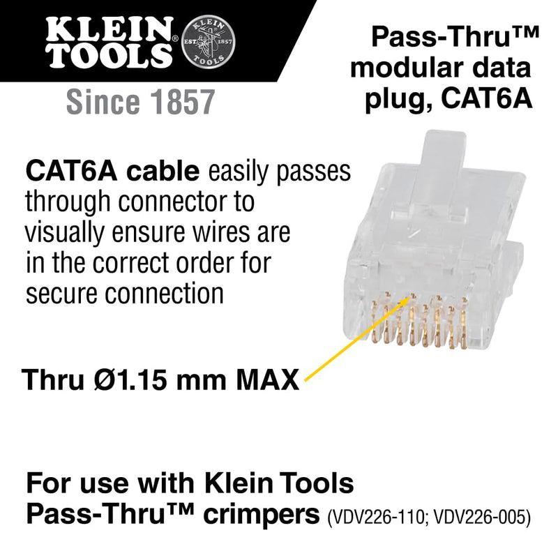Klein Tools VDV826-704 Modular Data Plug for CAT6A and Larger Diameter CAT6 Indoor or Outdoor Ethernet Cable, 50 Pack 50-Pack