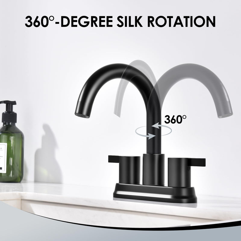 Two Handle 4 inch Black Bathroom Faucet, Bathroom Sink Faucet for 3 Holes with Pop-up Drain and 2 Supply Hoses, Lead-Free