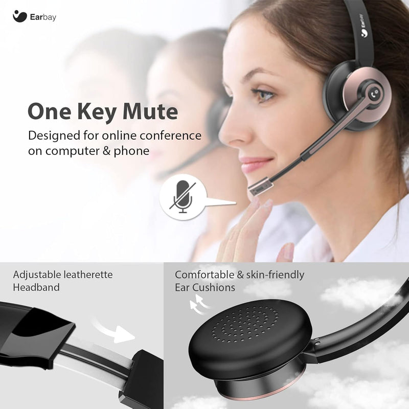 Earbay Wireless Headset, Bluetooth Headphones with Microphone Noise Canceling & Mute, Wireless Headset with Mic USB Dongle/Charge Dock for PC Computer Phone Work Office Meetings Call Teams Black Gold