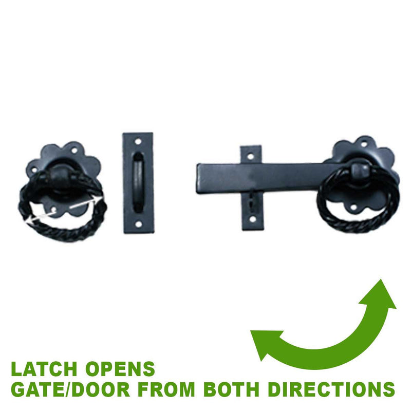 Renovators Supply Manufacturing Black Wrought Iron Floral Ring Pull Gate Latch Fence Door Lock with Mounting Hardware Pack of 1