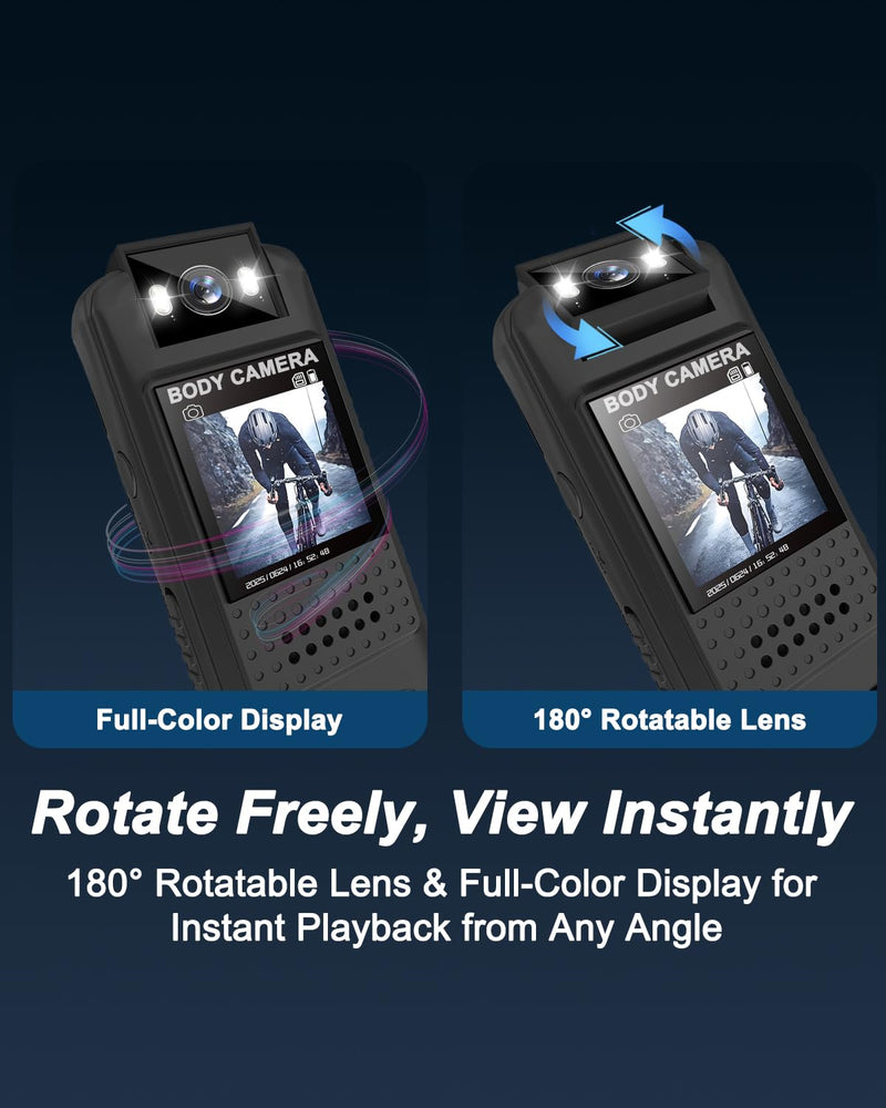 Body Camera, Mini Sports Camera with 64GB TF Card, 1080P HD Body Cam, 180° Rotatable Lens, Small Action Video Camcorder with Magnetic Back Clip & Bike Mount, POV Cam for Bike, Outdoor Use