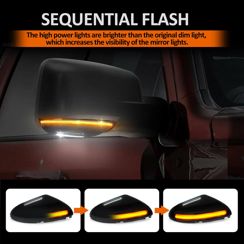 D-Lumina Sequential LED Side Mirror Turn Signal Lights Smoked Lens Puddle Light Assembly for Dodge Ram 1500 2009-2018, Ram 2500 3500 2010-2018, Dynamic Indicator Strip Mirror Marker Lamp, Pack of 2 Smoked Cover Sequential Amber ＆ White