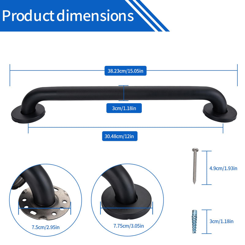 Anti-Slip Shower Grab Bar for Seniors Disabled,Bathroom Safety Bars for Wall Mount,High Load Capacity Toilet Grab Bars,Water-Resistant Shower Safety Bars for Elderly (Black Knurled, 12-inch Grab Bar)