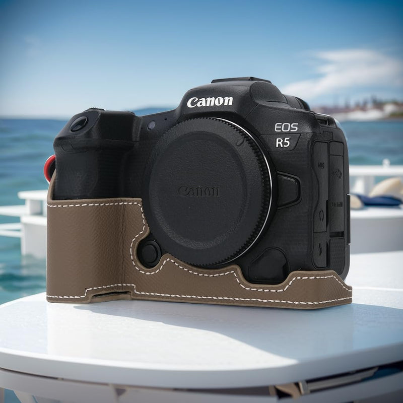 Canon EOS R5 Camera Case,Handmade Genuine Real Leather Half Camera Case Bag Cover for Canon EOS R5 Camera Bottom Opening Version + Hand Strap (Taupe) taupe