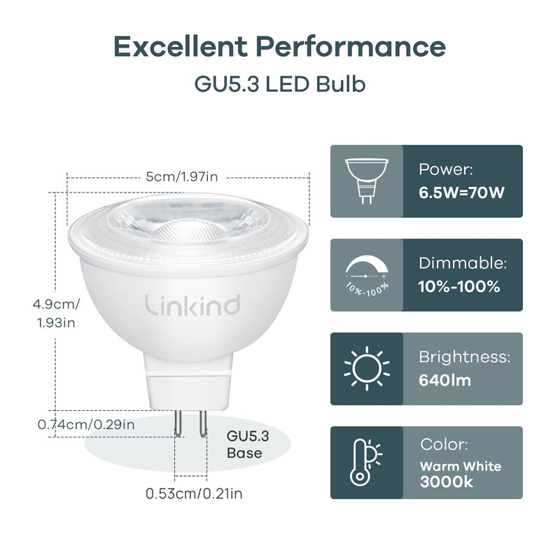 Linkind MR16 LED Bulb Dimmable, GU5.3 Bi-Pin Base LED Light Bulbs, 6.5W (70W Equivalent) 3000K Warm White 640lm MR16 LED Spot Lights, Recessed, Tracking Lights, 12V Low Voltage, 6 Packs Gu5.3-warm White 6 Count (Pack of 1)
