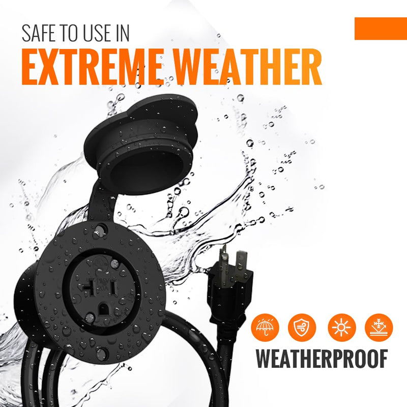 20A Weatherproof Outdoor Power Outlet by Journeyman-Pro 20 Amp 110,120-125 Volt HJP-5379-GCR2 NEMA 5-20R Receptacle Kit with Integrated 20" Extension Cord + Waterproof Rubber Cover (Black) BLACK