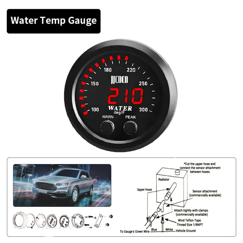 Universal 52mm Water Temperature Gauge with Alarm and 1/8 NPT Sensor Car Digital Meter Red Display Temp 100-300F(38-150C) Red Water Temperature Gauge