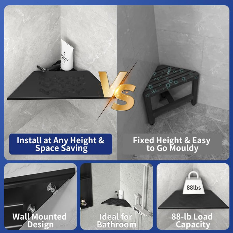 10'' Corner Foot Rest for Shaving Legs, Wall Mounted Foot Ledge for Bathroom Inside Shower, 304 Stainless Steel Footrest with Shaving Holder (Black) Black