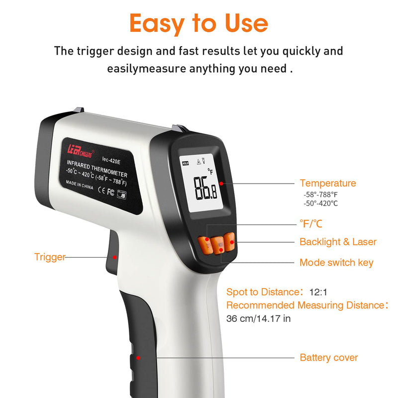 Infrared Thermometer, LEERCHUANG Digital Temperature Gun for Pizza Oven, Non-Contact Laser Thermometer Gun W Adjustable Emissivity for Cooking/Industrial, -58°F ~ 788°F (-50°C ~ 420°C), Gray 788°F-Gray
