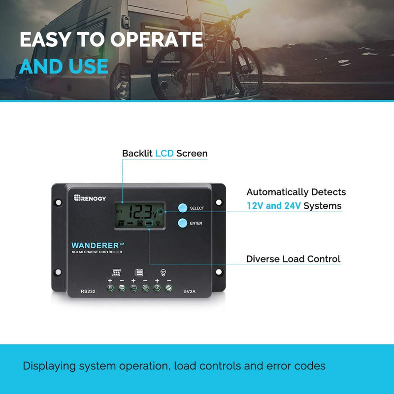 Renogy 10 Amp 12V/24V PWM Negative Ground Solar Charge Controller Compact Design w/LCD Display for AGM, Gel, Flooded and Lithium Battery, Wanderer 10A