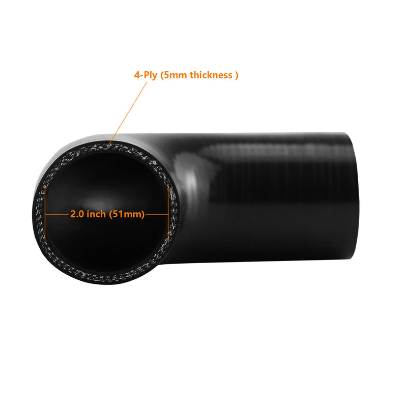 Ucreative 90 Degree Elbow ID: 2.0"(51mm) 4-Ply High Performance Coupler Silicone Hose for Vehicle with T-Bolt Clamp 2.0" (51mm)