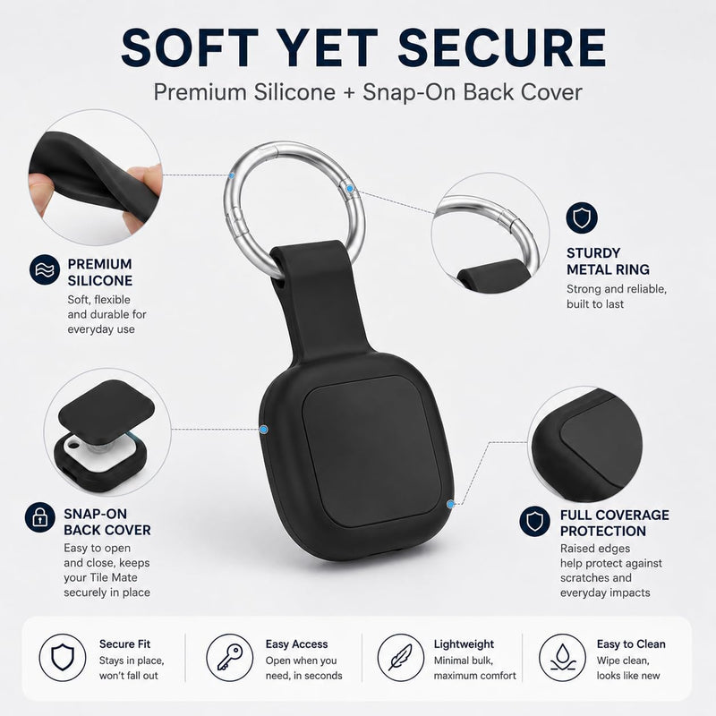 Tile Mate Case (2024/2022) — Pre-Attached Carabiner, No Adhesive Needed, Zero Signal Loss | Waterproof Silicone Clip-On Tracker Cover for Keys, Backpack & Dog Collar (Black+Dark Blue) Black+Dark Blue