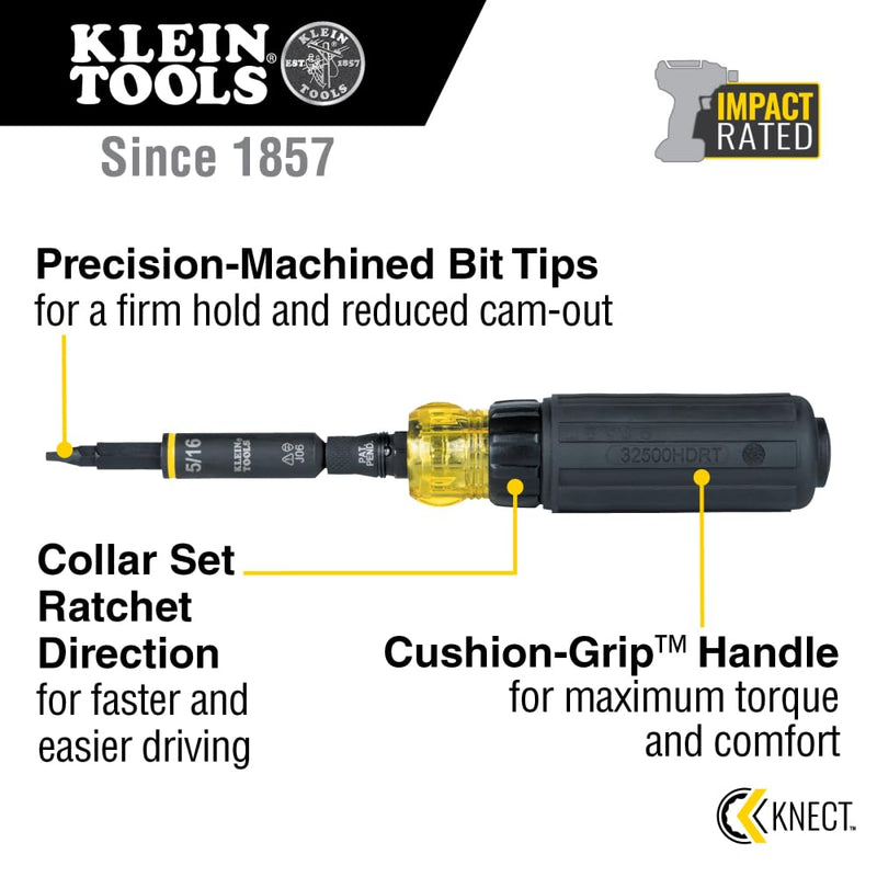 Klein Tools 32500HDRT KNECT Ratcheting Screwdriver, Multi-Bit Screwdriver / Nut Driver, Impact Rated 11-in-1 Tool with Phillips, Slotted, Square and Torx Tips