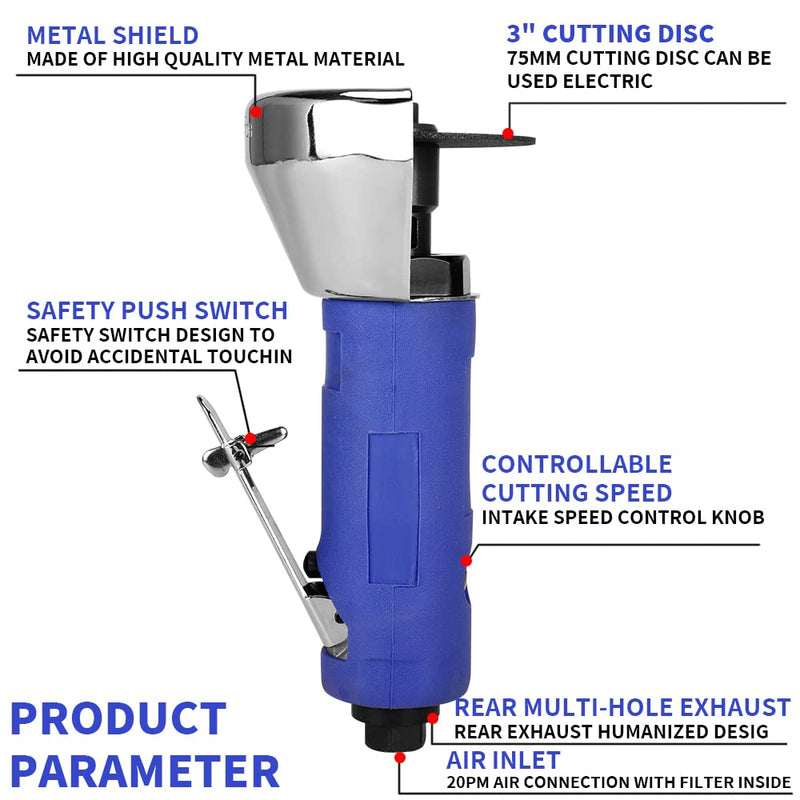3 Inch Air Cut Off Tool, Equipped with 5-Pieces 3" Cutting Disc Set, Pneumatic Metal Sheet Cutting Tool,2000RPM Blue Machine Set