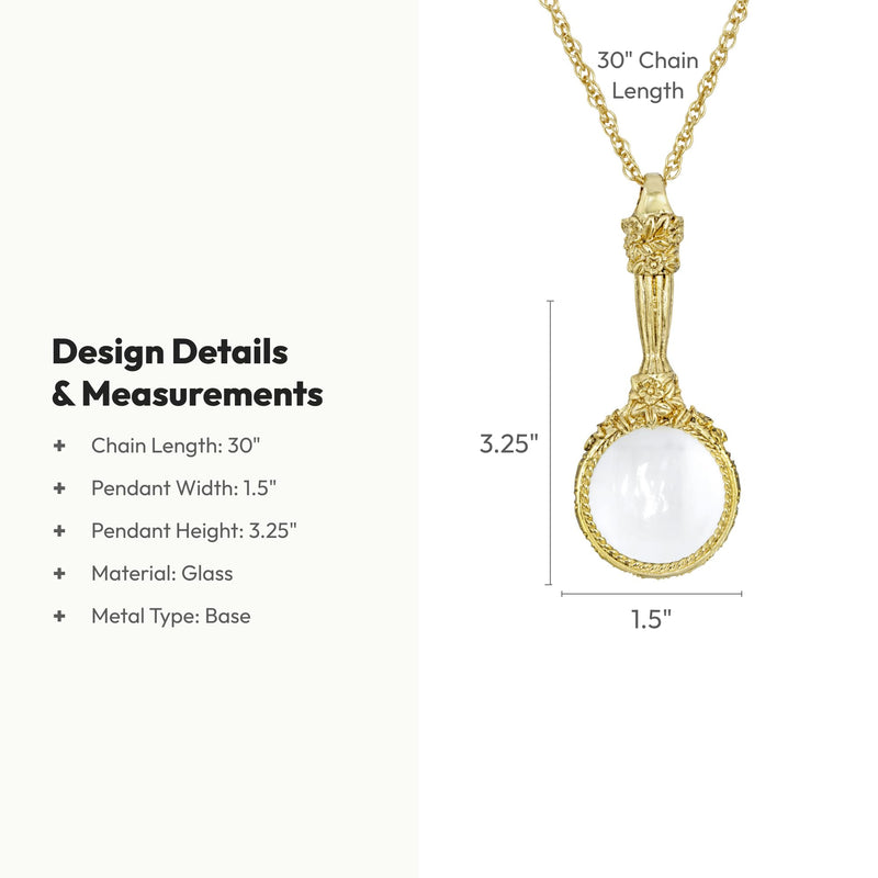 1928 Jewelry Romantic Interlude Magnifying Glass Pendant Necklace For Women 30 Inch Long - Magnification Power: 4-5X, Multifunctional Magnifier Perfect For Reading Menus, Labels, Books, Made In USA Gold
