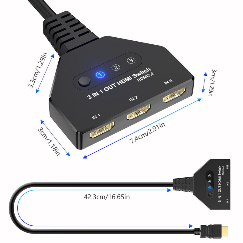 HDMI Switch 3 in 1 Out, 4K@60hz HDMI Splitter, 3 Way HDMI Switcher Supports Full HDCP2.2 1080P 3D Compatible with Roku Fire TV Stick HDTV PS4/PS5 Xbox One Chromecast, Compatible with Mac/Win/Linux