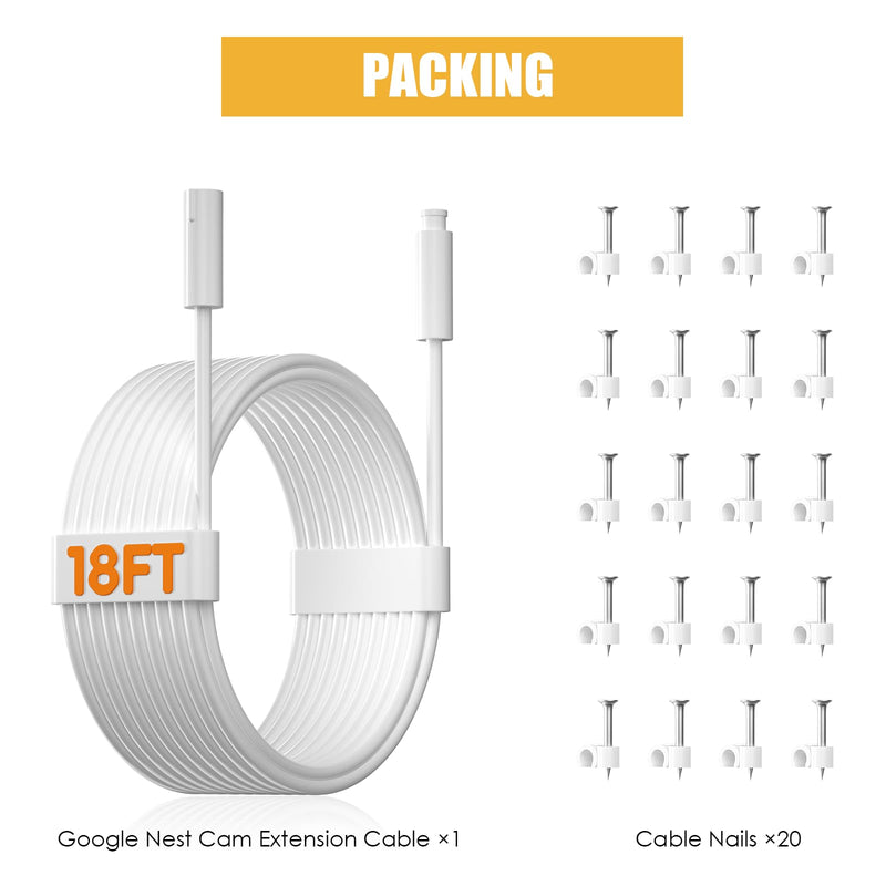 2 Pack Power Cable for Google Nest Cam Outdoor(Wired, 2nd Gen) | 18FT/5.5M Weatherproof Charging Cable(without adapter),Works with Google Home - 2025 Model - Snow|5V 2A Outdoor Charger Cable 2