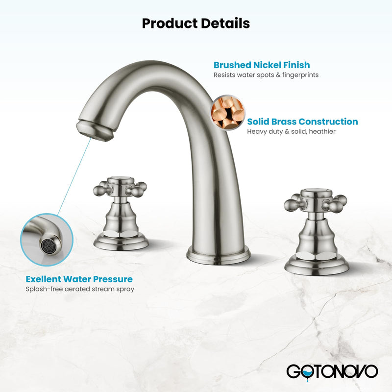 gotonovo 8 inch Widespread Bathroom Sink Faucet Fixtures Bathroom Faucets for Sink 3 Hole 2 Cross Handles Deck Mount with Pop Up Drain Water Supply Lines No Label Brushed Nickel