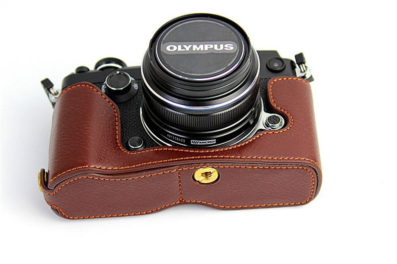 PEN-F Case, BolinUS Handmade Genuine Real Leather Half Camera Case Bag Cover for Olympus PEN-F Bottom Opening Version + Hand Strap - Coffee Natural