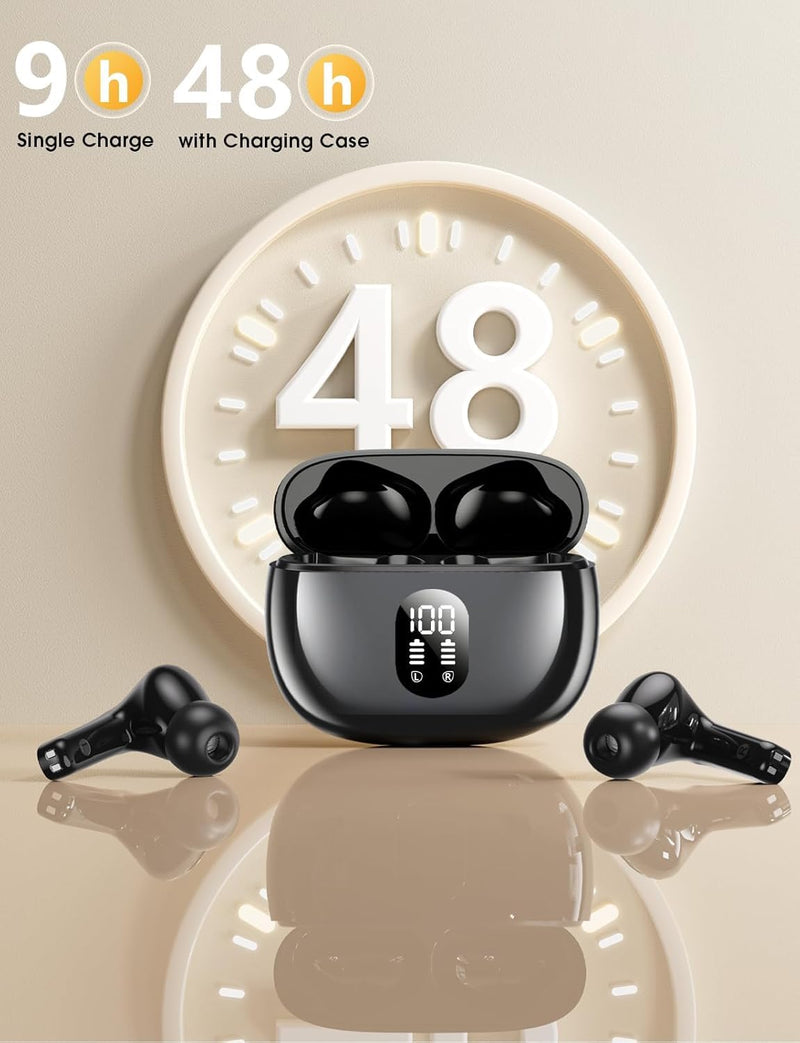 Wireless Earbuds, Hi-Fi Deep Bass Ear Buds, 48H Playtime In-Ear Headphones | 2 Mics for Clear Calls, LED Display, IPX7 Waterproof, Touch Control, Lightweight Bluetooth Earphones for iPhone/Android/TV JetBlack