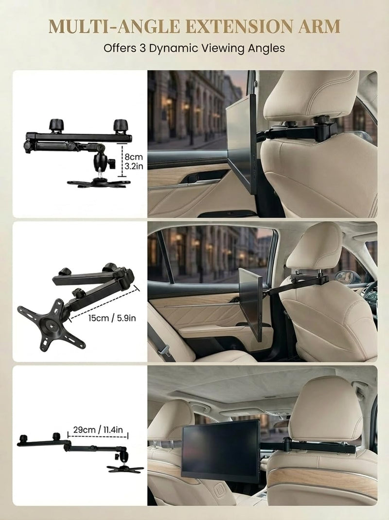 Heavy Duty Car Headrest Mount for 15.6" Portable Monitor, 2-in-1 VESA&Clip Tablet Holder for 4.7-20" Screens, Backseat Gaming Holder Compatible with Monitors, iPad, Stable Road Trip Stand for Kids