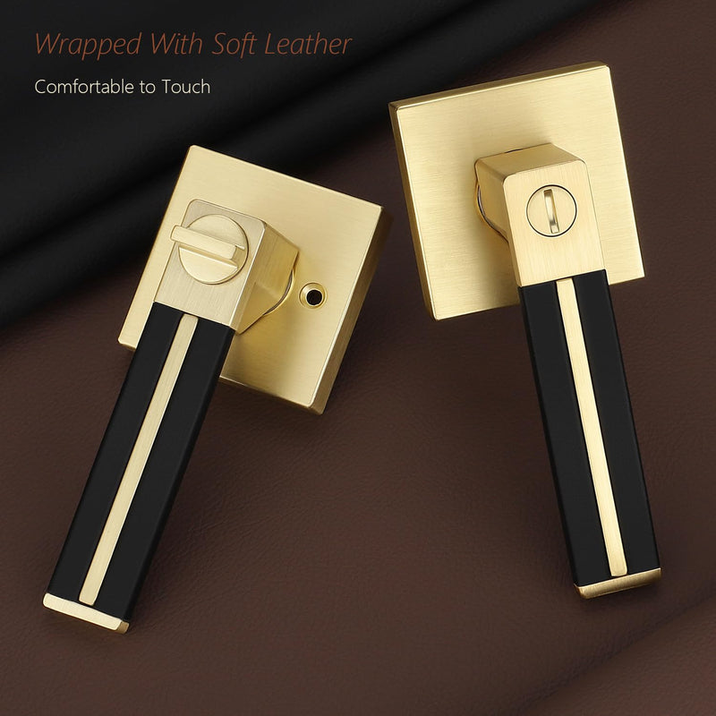 Gold Door Handle 1 Pcs, Privacy Door Levers with Black Leather Handle, Brass Interior Bedroom Bathroom Door Knob, Heavy Duty Privacy Bed/Bath Door Lockset, Reversible for Right/Left-Handed Door 1 Pack Privacy Door Handle - No Key