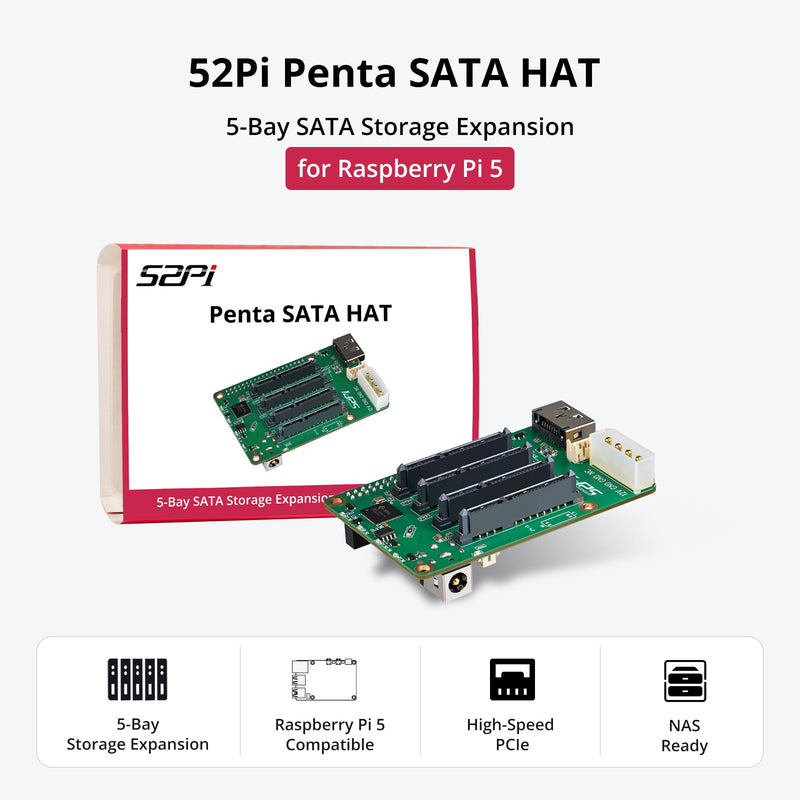 GeeekPi 5 Bay SATA Storage Expansion Board for Raspberry Pi 5 2GB/4GB/8GB/16GB, with 12V DC Power Supply